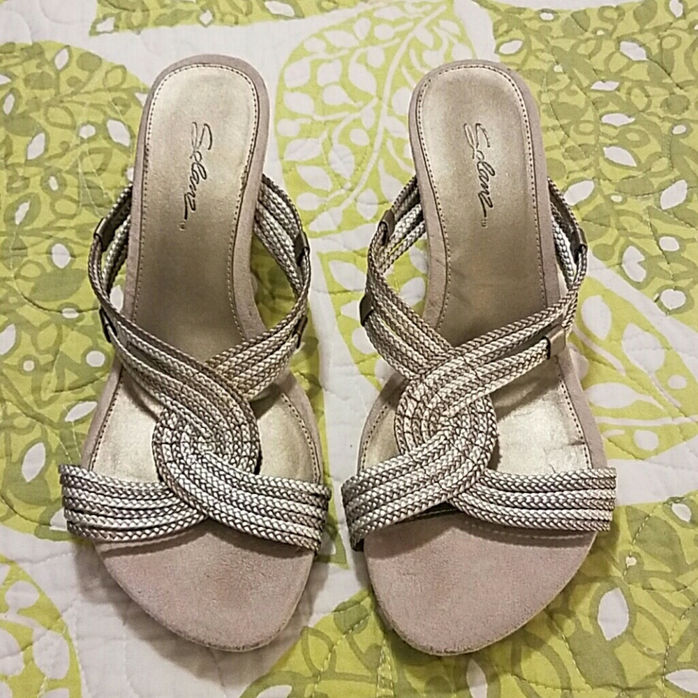 Bronze and Silver Wedge Sandals.